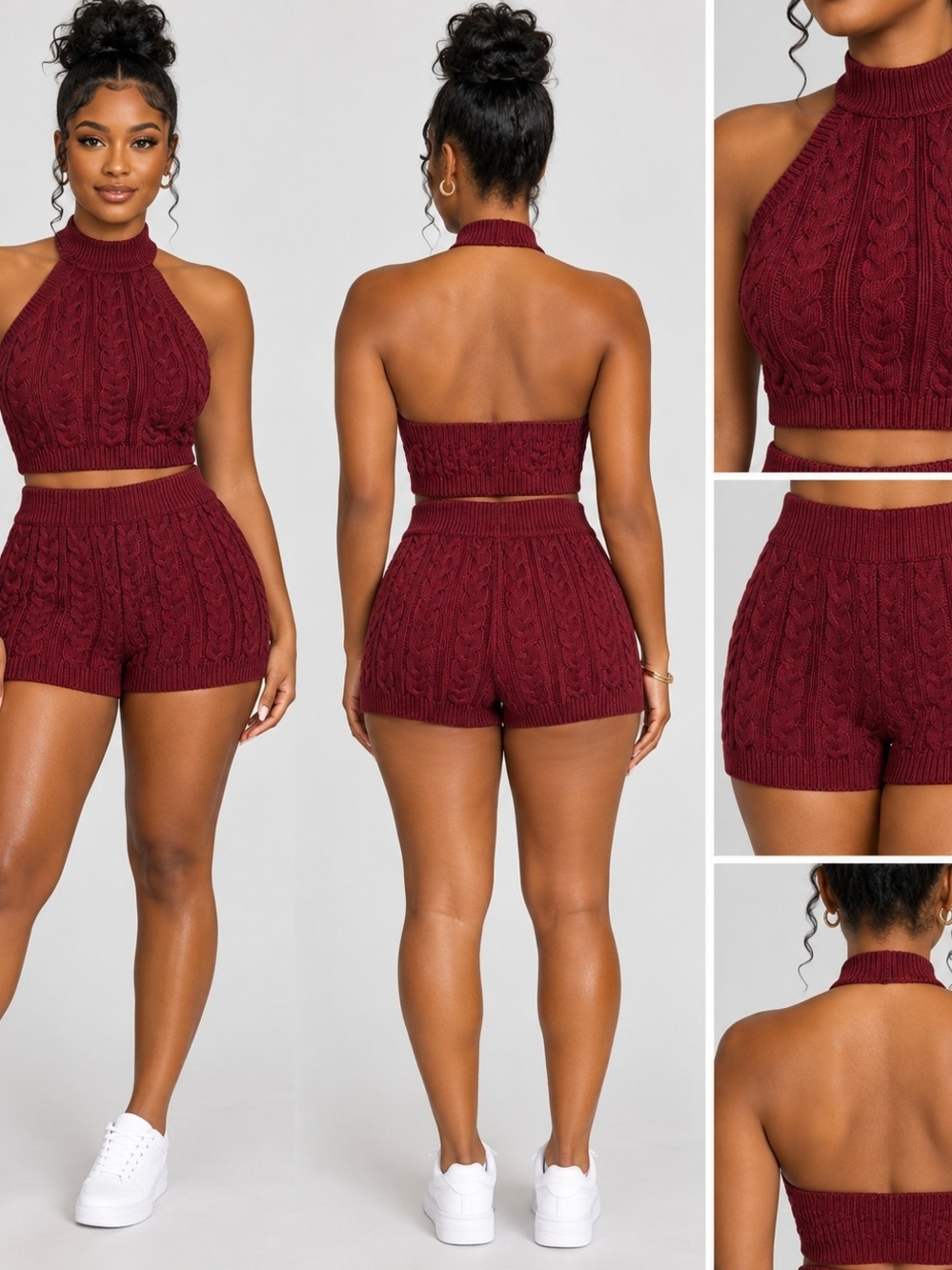 Cable Knit Two-piece Haulter Top Burgundy Women's Short Set